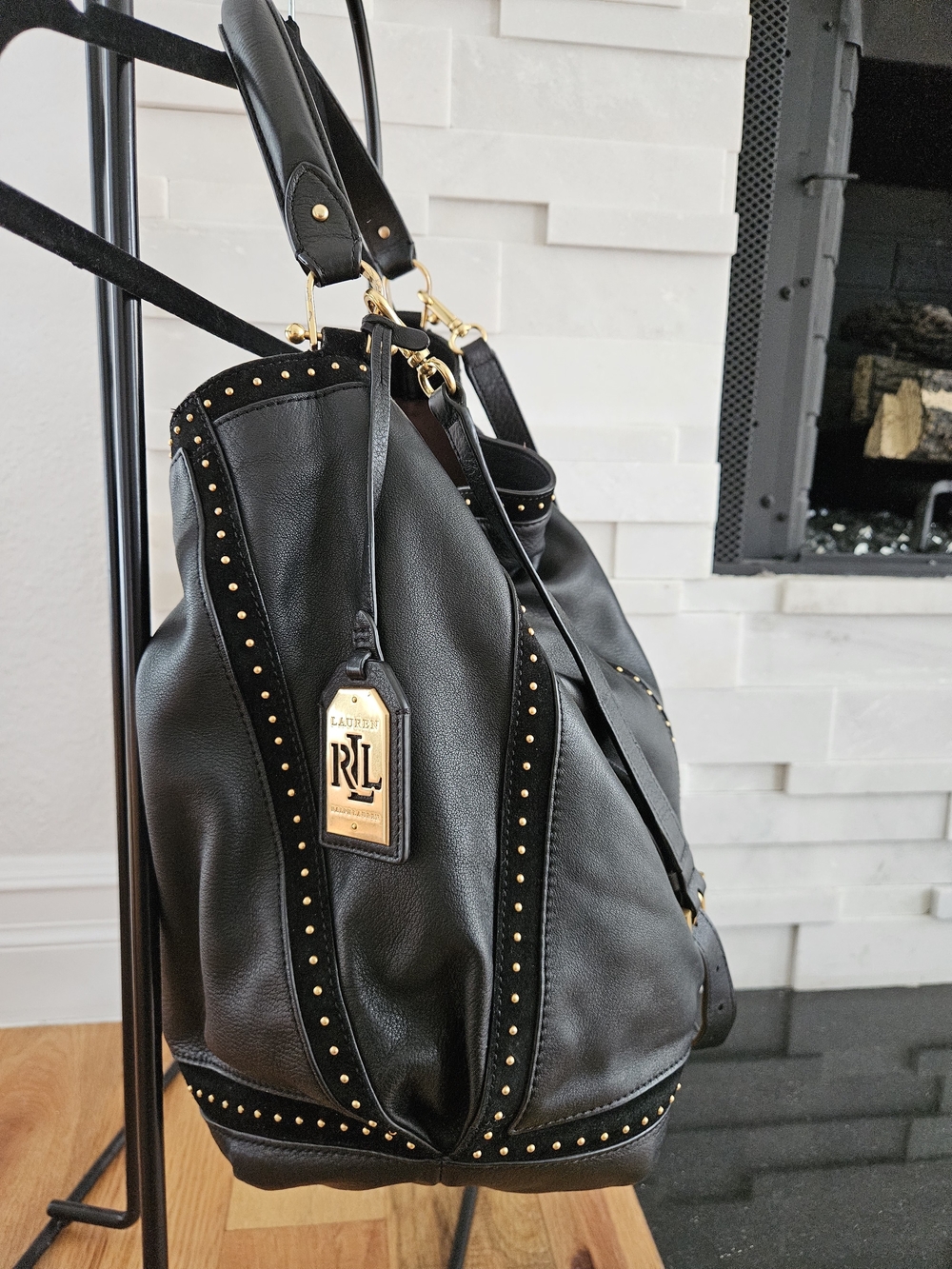 Ralph Lauren Black Leather Stud-Trim Shoulder Hobo - Picture 4 of 10